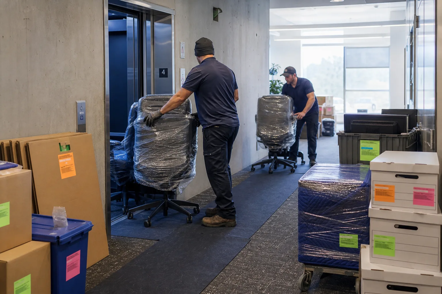 Movers carrying wrapped office furniture through a protected office walkway