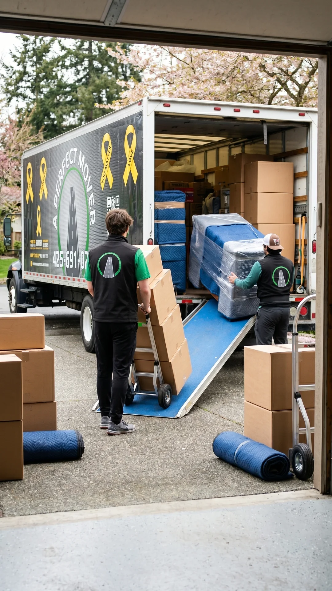 A Perfect Mover crew loading a branded moving truck