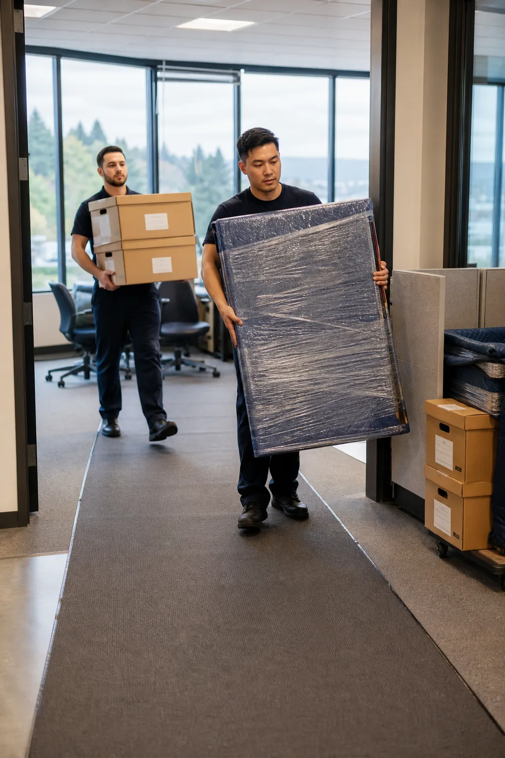 Movers carrying wrapped office furniture through a protected office walkway