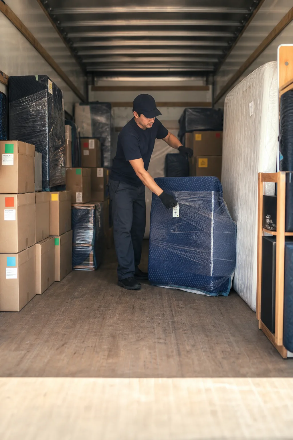 Mover arranging wrapped furniture and labeled boxes inside a moving truck