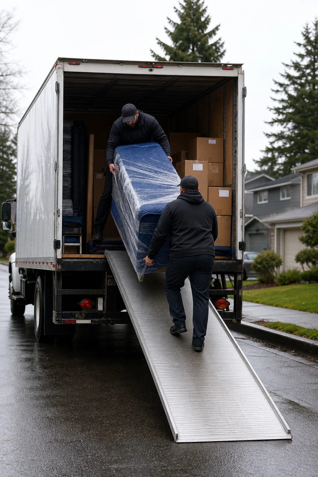 Movers loading wrapped furniture into a moving truck on a wet residential street