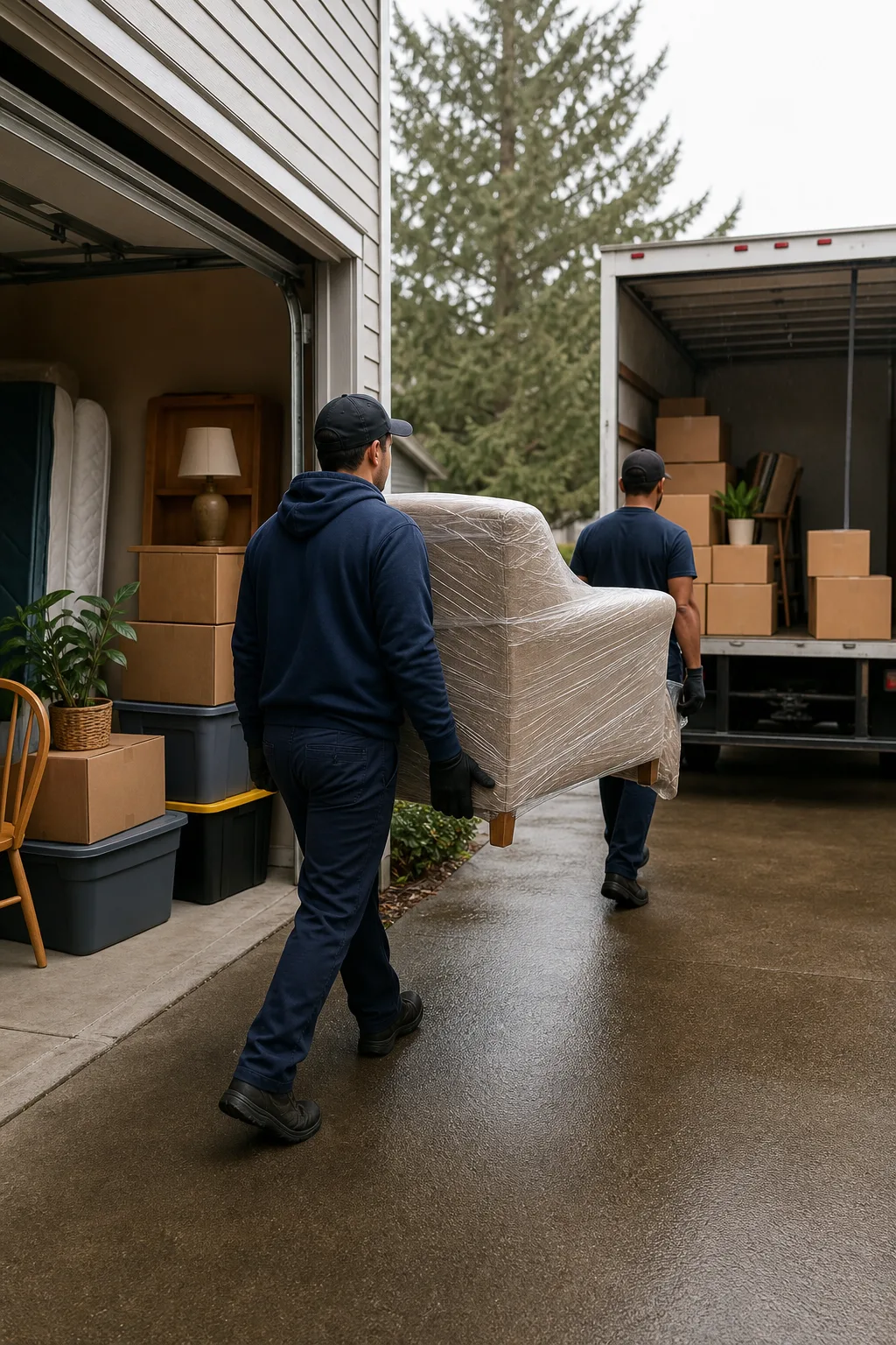 Movers carrying a wrapped chair from a garage cleanout toward a moving truck