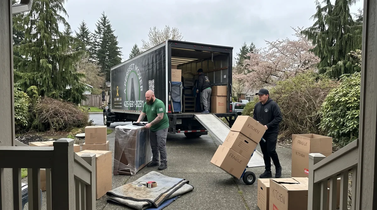 A Perfect Mover crew loading boxes and furniture at a residential move