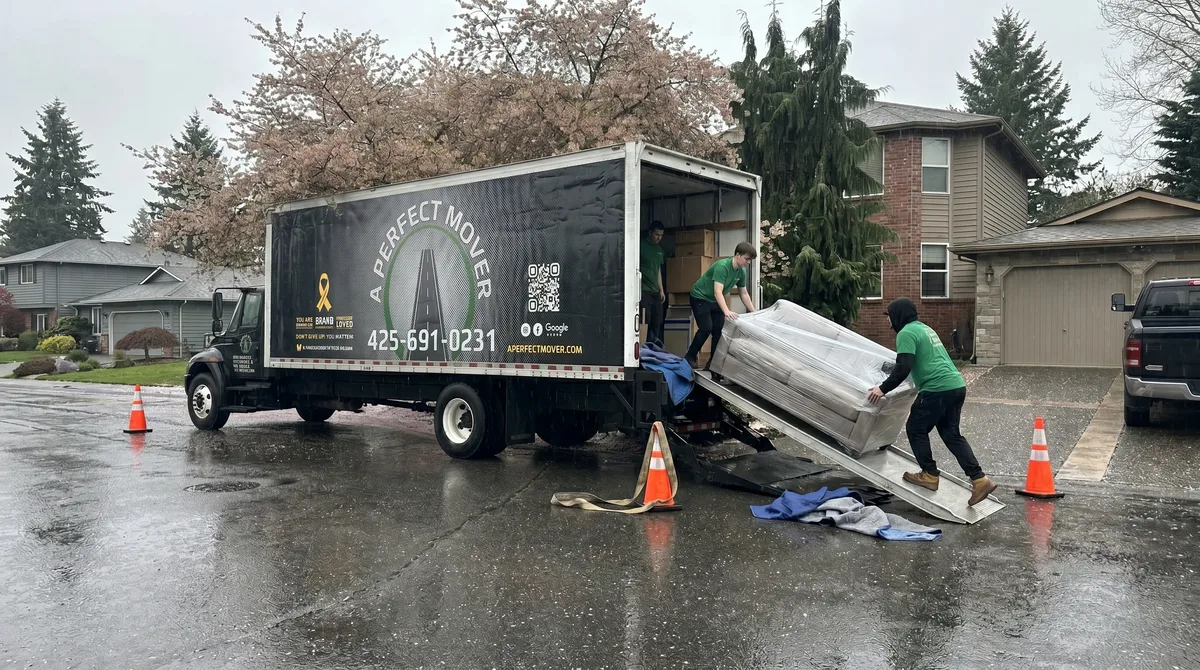 A Perfect Mover crew loading a truck on a rainy moving day
