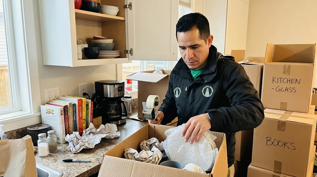 A Perfect Mover crew member packing kitchen items into moving boxes
