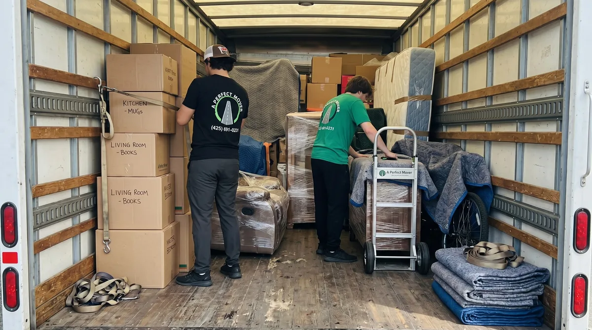 A Perfect Mover crew arranging boxes and wrapped furniture inside a moving truck
