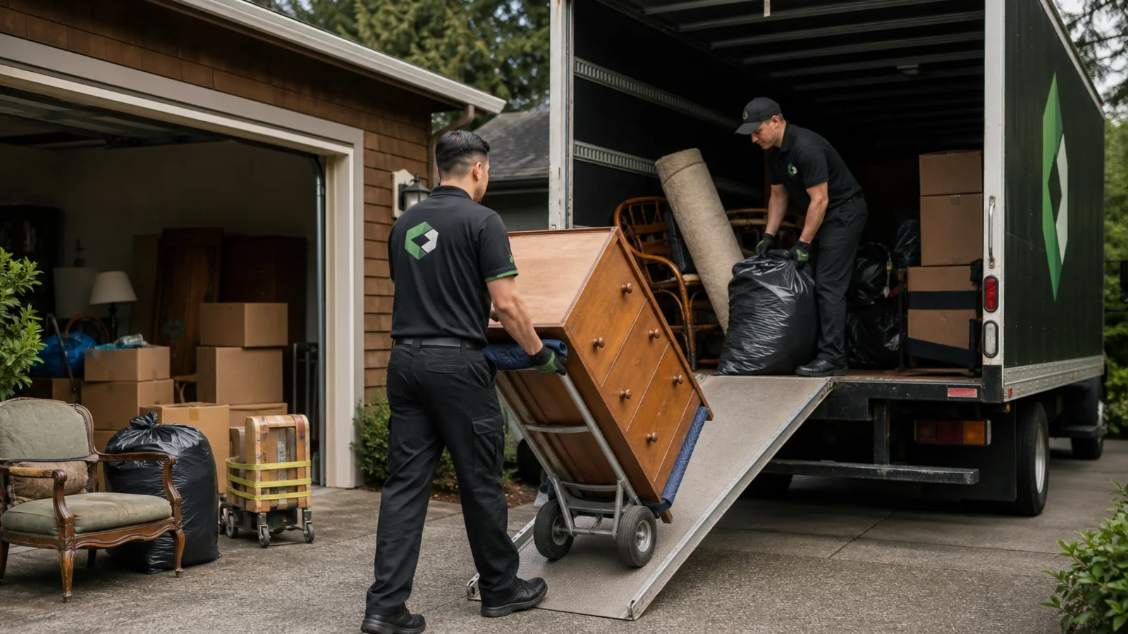 A Perfect Mover crew staging boxes and wrapped furniture for removal