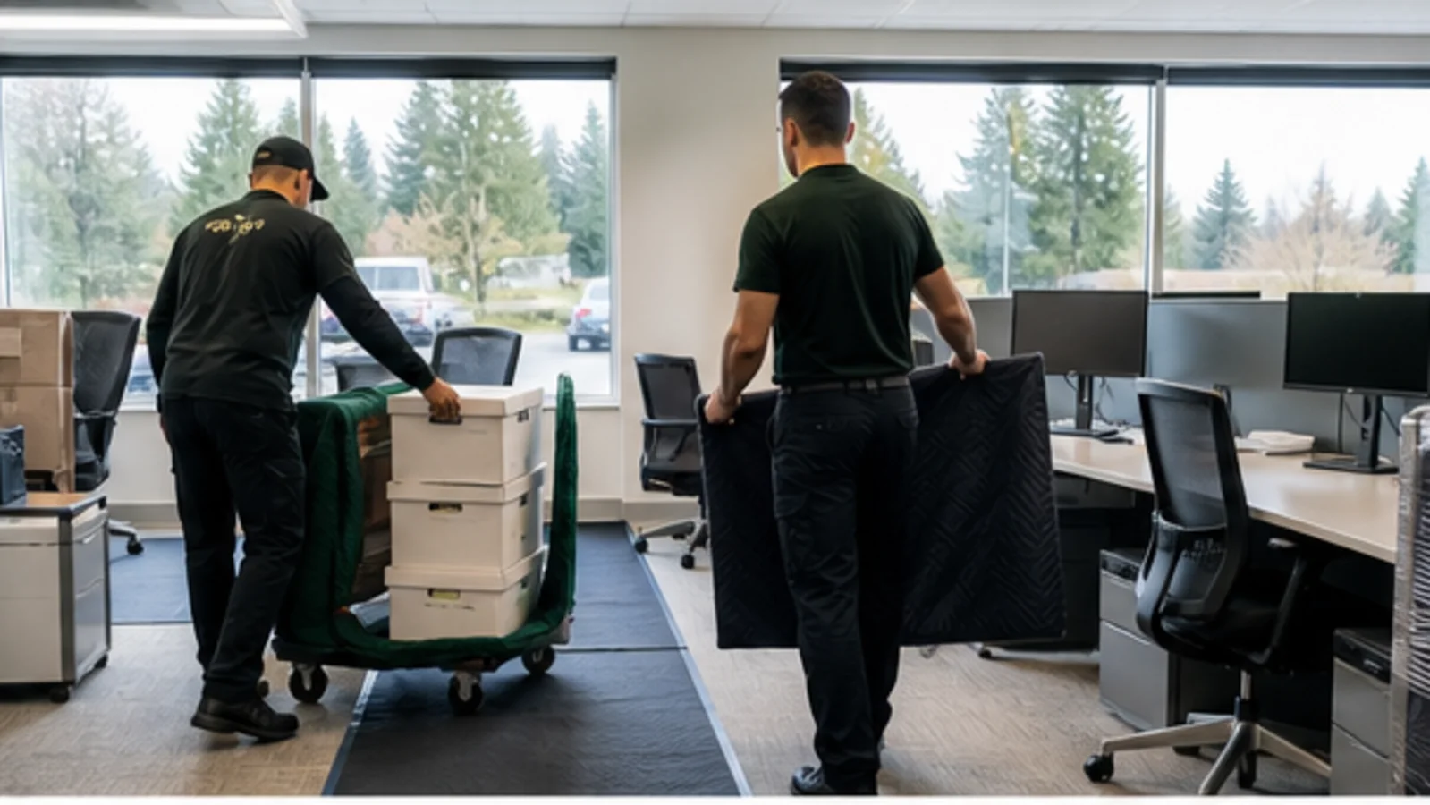 Movers carrying wrapped office furniture through a protected office walkway