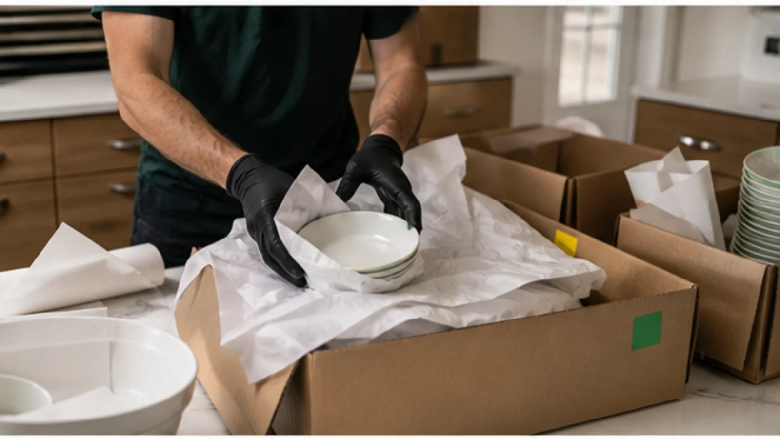 A Perfect Mover crew member packing kitchen items for a Seattle move