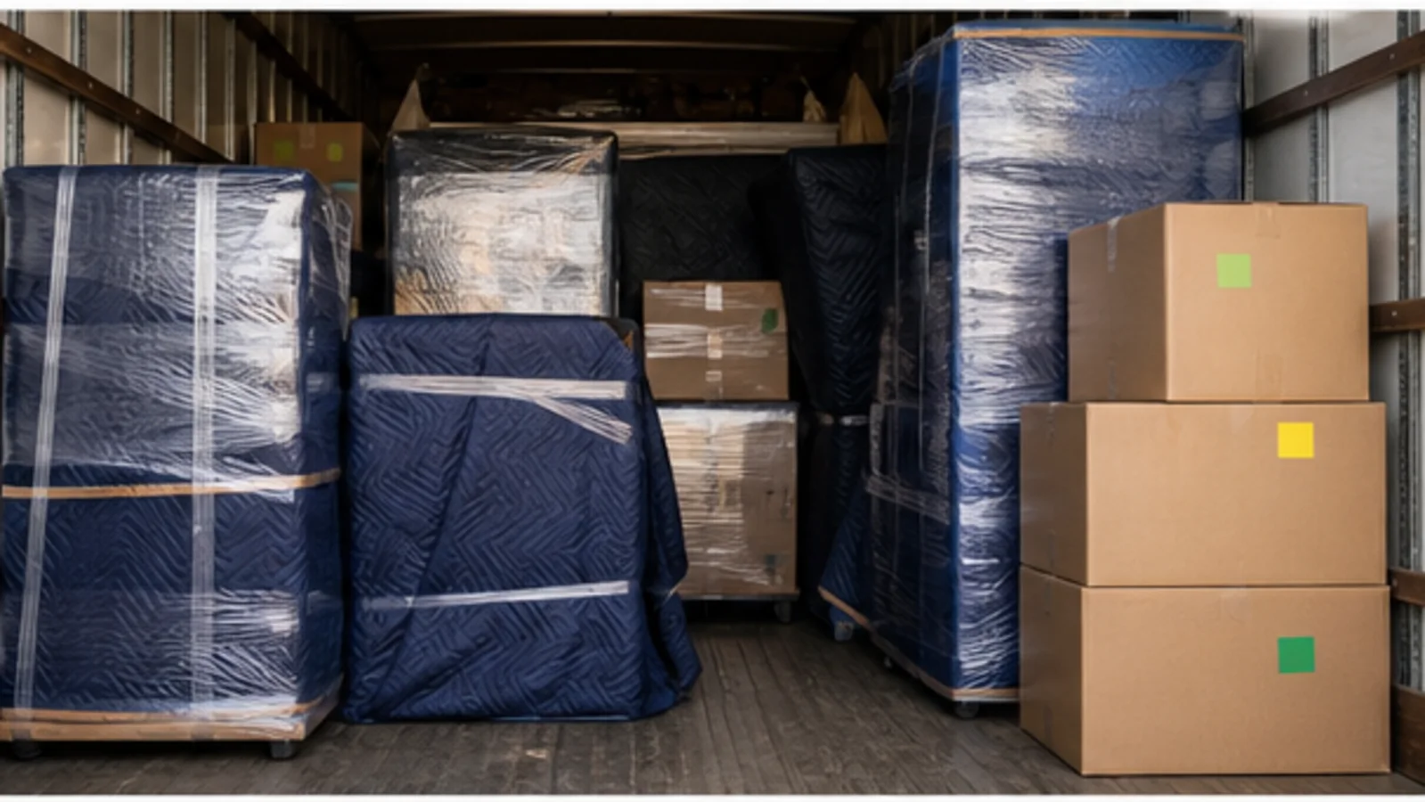 A Perfect Mover crew organizing boxes inside a moving truck
